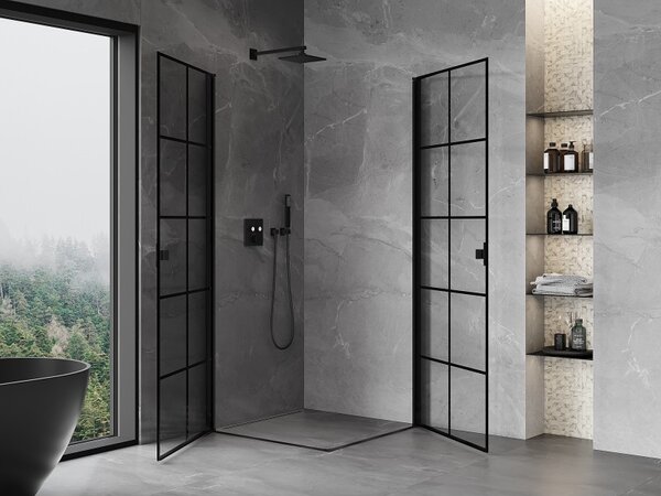 Cabină de duș cu balamale Mexen Mist-B Duo, 70 x 70 cm, sticlă transparentă - grilă neagră, 8A2-070L-070P-70-77