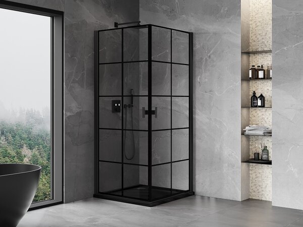 Cabină de duș cu balamale Mexen Mist-B Duo, 70 x 70 cm, sticlă transparentă - grilă neagră, 8A2-070L-070P-70-77