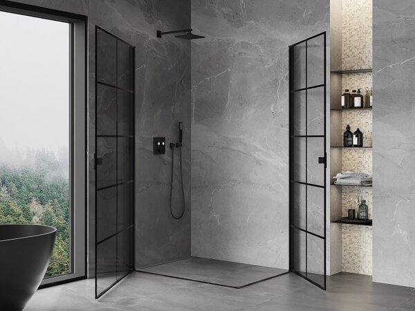 Cabină de duș Mexen Mist-B Duo cu 2 aripioare, 70 x 80 cm, sticlă transparentă - grilă neagră, 8A2-070L-080P-70-77