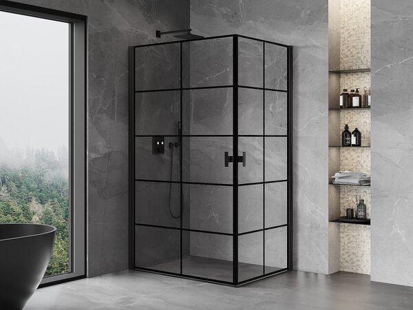 Cabină de duș Mexen Mist-B Duo cu 2 aripioare, 70 x 80 cm, sticlă transparentă - grilă neagră, 8A2-070L-080P-70-77