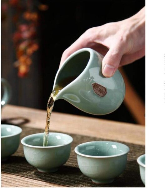 Set ceai ,IMPERIAL TEA din portelan, ceainic 200 ml, 6 cupe si accesorii incluse, Turcoaz