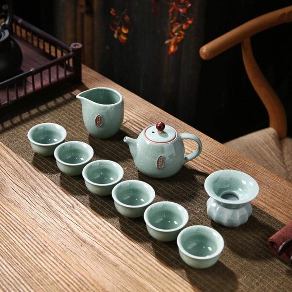 Set ceai ,IMPERIAL TEA din portelan, ceainic 200 ml, 6 cupe si accesorii incluse, Turcoaz
