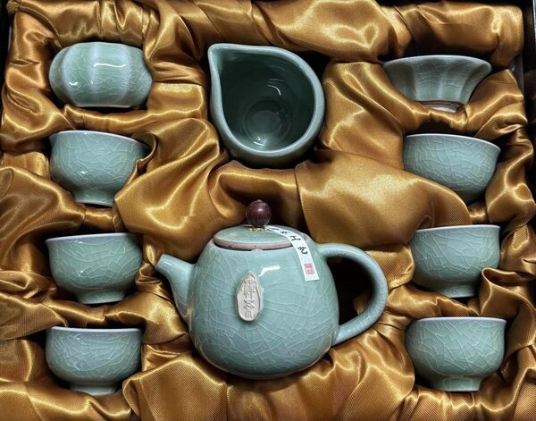 Set ceai ,IMPERIAL TEA din portelan, ceainic 200 ml, 6 cupe si accesorii incluse, Turcoaz