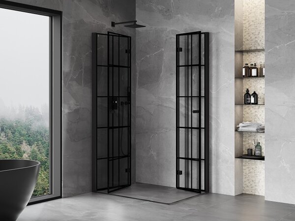 Cabină de duș pliabilă Mexen Mist-F Duo 75 x 70 cm, sticlă transparentă - grilă neagră, 8A6-075L-070P-70-77