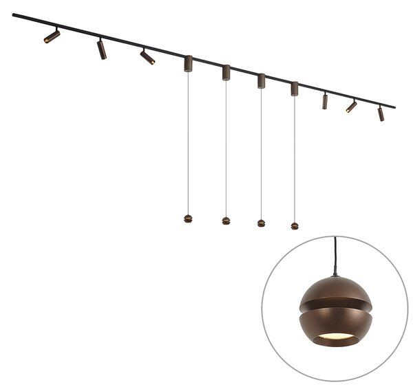 Sistem de iluminat pe șină modern cu 6 spoturi și 4 lumini suspendate Easylift bronz închis monofazat - Slimline Uzzy Tira