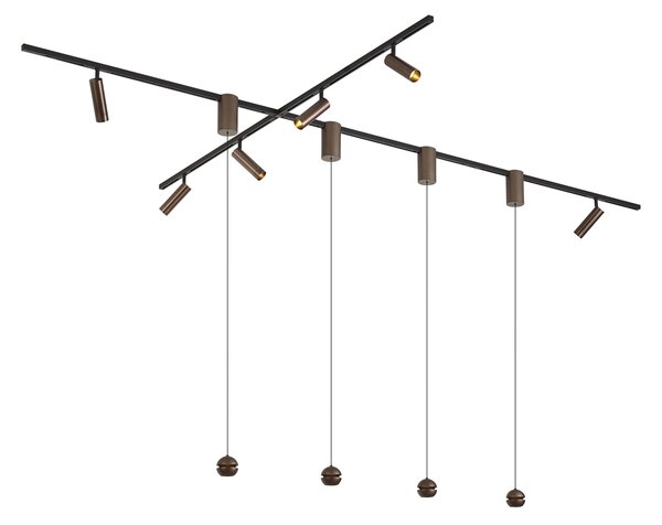 Sistem de iluminat pe șină modern cu 6 spoturi și 4 lumini suspendate Easylift bronz închis monofazat - Slimline Uzzy Tira