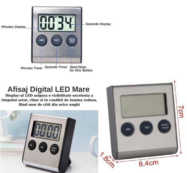 Timer digital pentru bucatarie, cronometru profesional multifunctional cu afisaj LCD, compact si portabil, functie minute/secunde