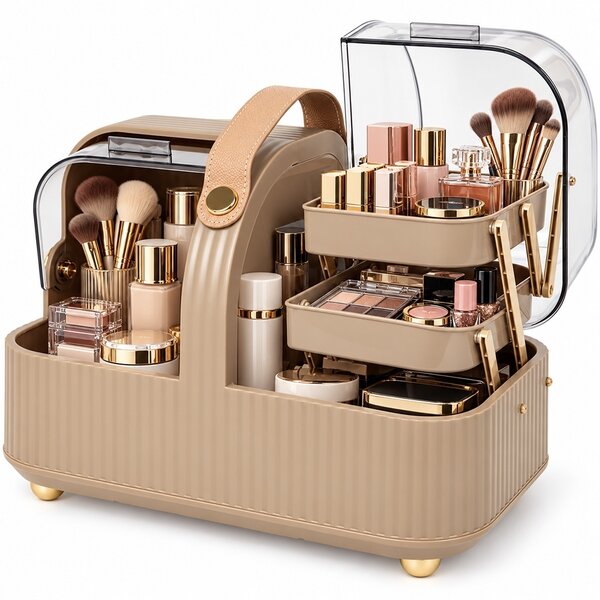 Organizator Make-up cu sertare extensibile, 2 compartimente si maner de transport pentru cosmetice si accesorii beauty, 33 x 20.5 cm