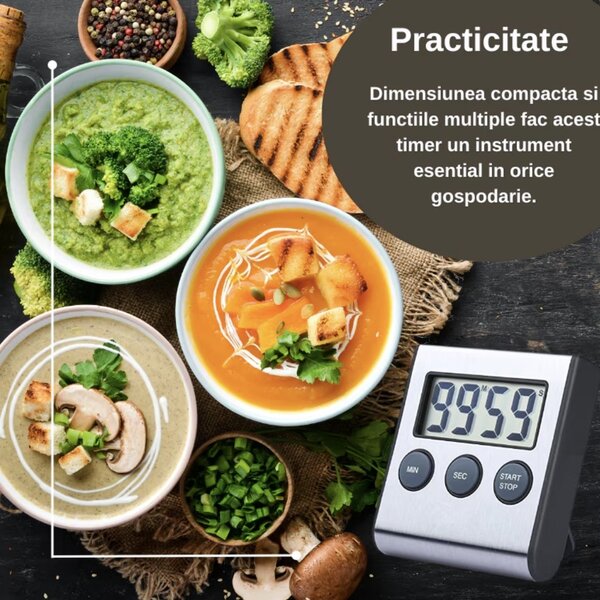 Timer digital pentru bucatarie, cronometru profesional multifunctional cu afisaj LCD, compact si portabil, functie minute/secunde