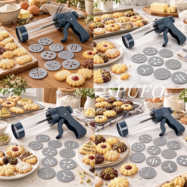 Presa pentru biscuiti si fursecuri, set 13 piese cu 12 discuri interschimbabile pentru forme si modele diferite, negru