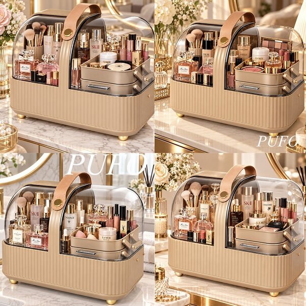 Organizator Make-up cu sertare extensibile, 2 compartimente si maner de transport pentru cosmetice si accesorii beauty, 33 x 20.5 cm