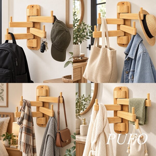 Cuier de perete din lemn de bambus cu 4 carlige rotative pentru haine, prosoape, esarfe si accesorii, montaj compact, 28 cm