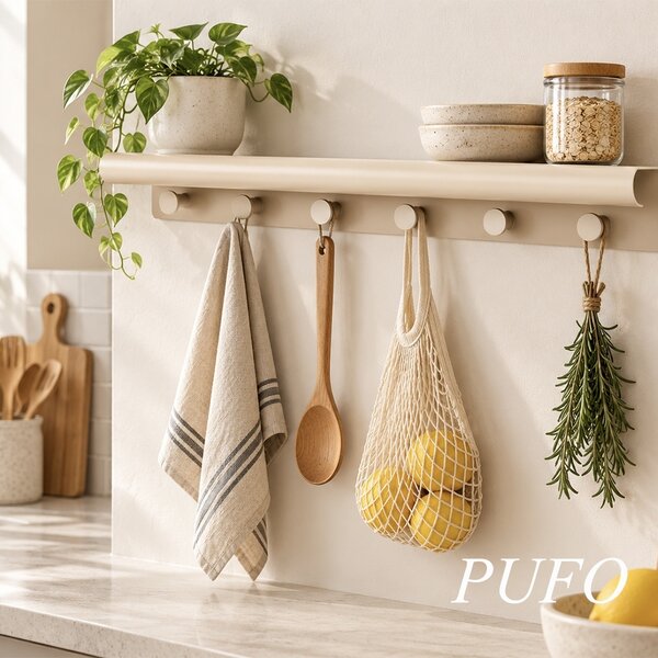 Cuier de perete cu polita pentru bucatarie, dormitor, hol, birou, design modern metalic, economie de spatiu, 48 x 10 x 6 cm, crem