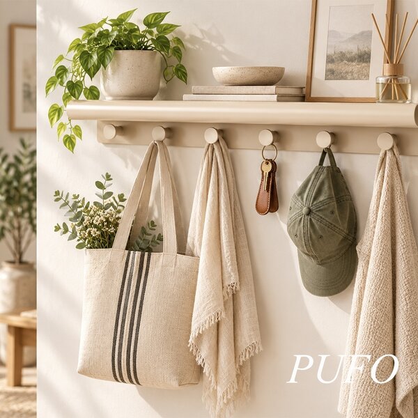 Cuier de perete cu polita pentru bucatarie, dormitor, hol, birou, design modern metalic, economie de spatiu, 48 x 10 x 6 cm, crem
