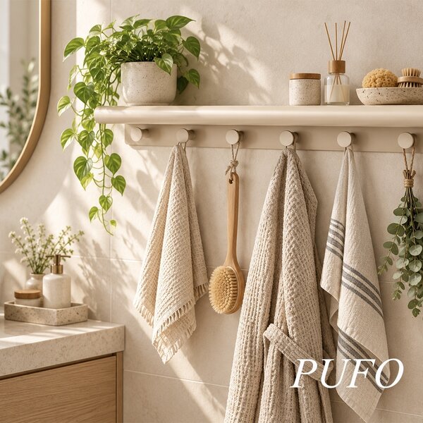 Cuier de perete cu polita pentru bucatarie, dormitor, hol, birou, design modern metalic, economie de spatiu, 48 x 10 x 6 cm, crem