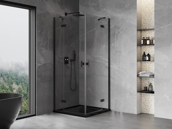 Cabină de duș cu balamale Mexen Mist-H Duo, 70 x 70 cm, sticlă transparentă, profil negru, 8A5-070L-070P-70-00