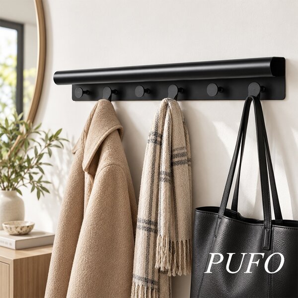 Cuier de perete cu polita pentru bucatarie, dormitor, hol, birou, design modern metalic, economie de spatiu, 48 x 10 x 6 cm, negru