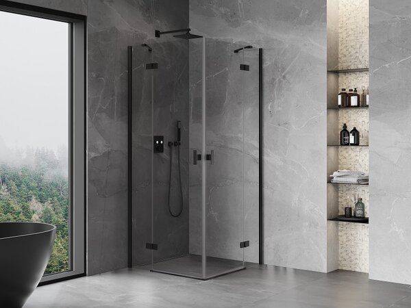 Cabină de duș cu balamale Mexen Mist-H Duo, 70 x 70 cm, sticlă transparentă, profil negru, 8A5-070L-070P-70-00