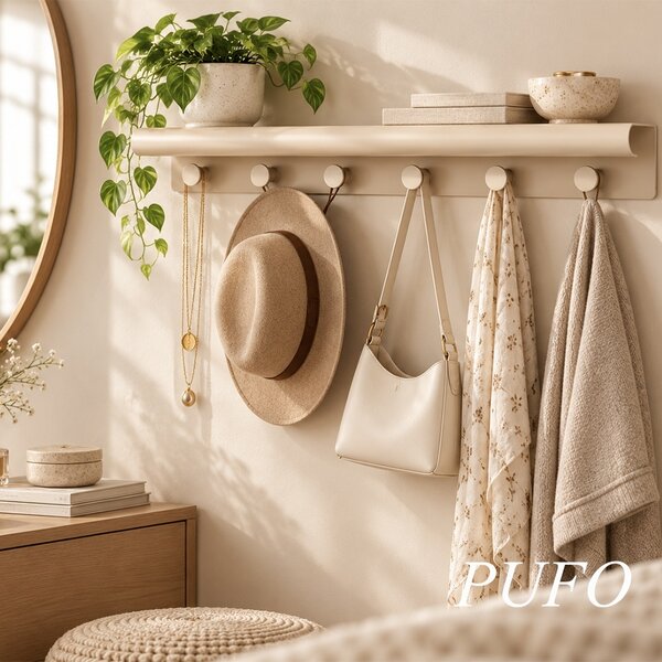 Cuier de perete cu polita pentru bucatarie, dormitor, hol, birou, design modern metalic, economie de spatiu, 48 x 10 x 6 cm, crem