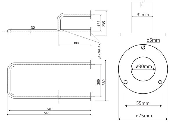 Sapho Sapho, balustrada suport HANICAP stanga 500mm, alb, XH530W