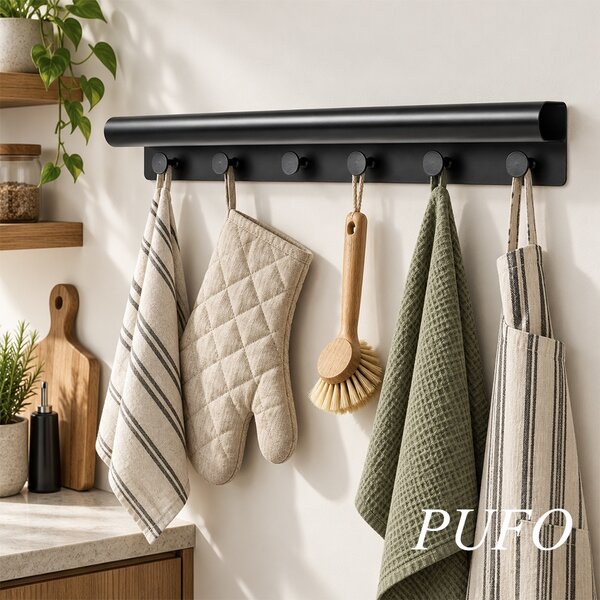 Cuier de perete cu polita pentru bucatarie, dormitor, hol, birou, design modern metalic, economie de spatiu, 48 x 10 x 6 cm, negru