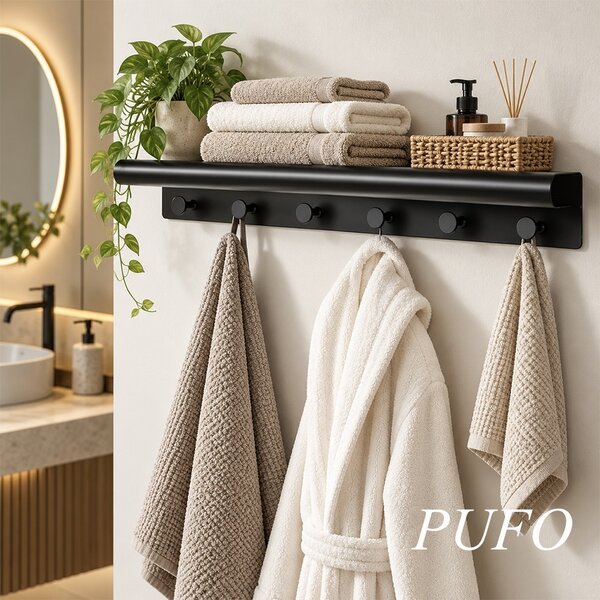 Cuier de perete cu polita pentru bucatarie, dormitor, hol, birou, design modern metalic, economie de spatiu, 48 x 10 x 6 cm, negru