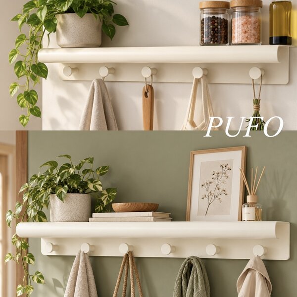 Cuier de perete cu polita pentru bucatarie, dormitor, hol, birou, design modern metalic, economie de spatiu, 48 x 10 x 6 cm, alb