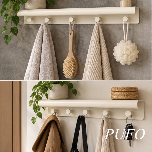 Cuier de perete cu polita pentru bucatarie, dormitor, hol, birou, design modern metalic, economie de spatiu, 48 x 10 x 6 cm, alb