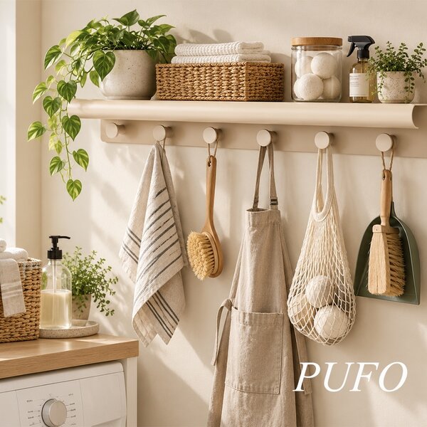 Cuier de perete cu polita pentru bucatarie, dormitor, hol, birou, design modern metalic, economie de spatiu, 48 x 10 x 6 cm, crem