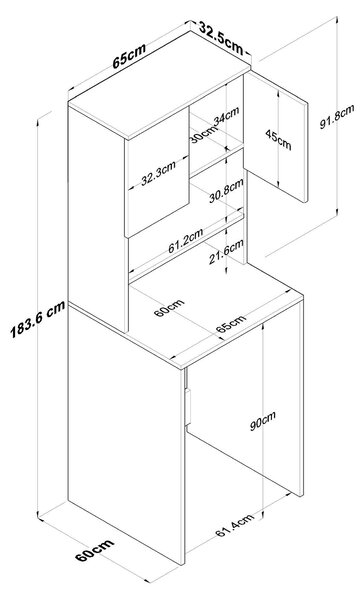 Dulap Masina De Spalat Kaser cu 2 Usi si 3 Rafturi, Antracit, 65x183x60 cm
