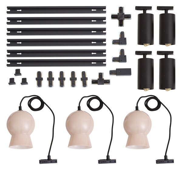 Sistem de șină modern negru cu 4 spoturi și 3 pendule albe monofazat - Iconic Bell Jeana Luxe