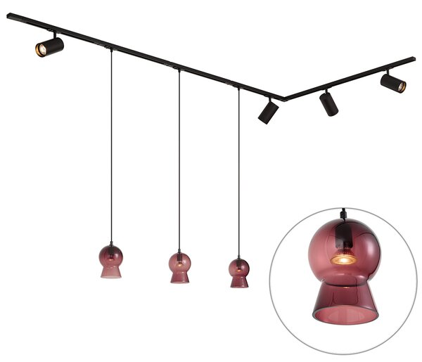Sistem de șină modern negru cu 4 spoturi și 3 pendule violet monofazate - Iconic Bell Jeana Luxe