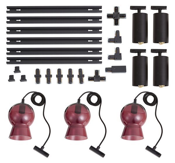 Sistem de șină modern negru cu 4 spoturi și 3 pendule violet monofazate - Iconic Bell Jeana Luxe