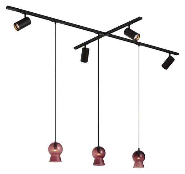 Sistem de șină modern negru cu 4 spoturi și 3 pendule violet monofazate - Iconic Bell Jeana Luxe