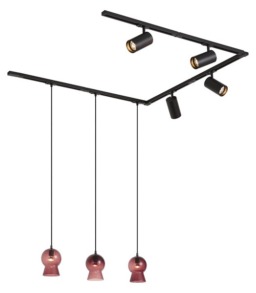 Sistem de șină modern negru cu 4 spoturi și 3 pendule violet monofazate - Iconic Bell Jeana Luxe