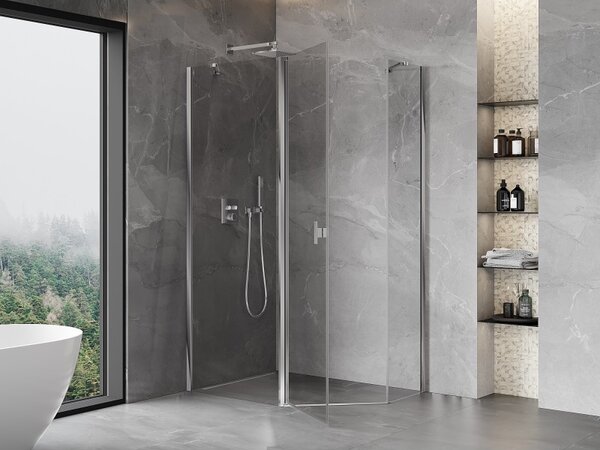 Cabină de duș pentagonală cu balamale Mexen Mist 100 x 80 cm, sticlă transparentă, profil cromat, 8A8-100-080-01-00