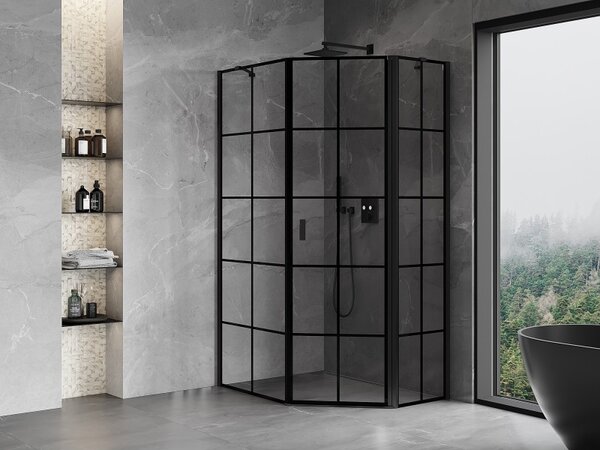 Cabină de duș pentagonală Mexen Mist, dreapta 80 x 90 cm, sticlă transparentă - grilă neagră, 8A8-080-090-70-77-P