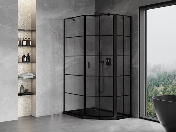 Cabină de duș pentagonală Mexen Mist, dreapta 80 x 90 cm, sticlă transparentă - grilă neagră, 8A8-080-090-70-77-P