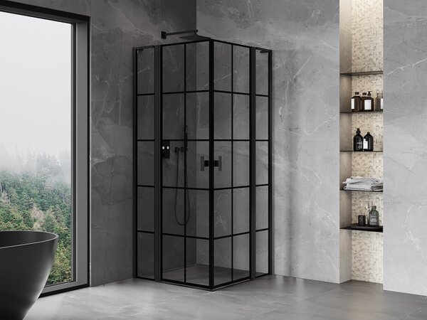 Mexen, Cabină de duș cu balamale Mexen Mist L Duo 90 x 90 cm, grilă neagră - 8A4L-090L-090P-70-77