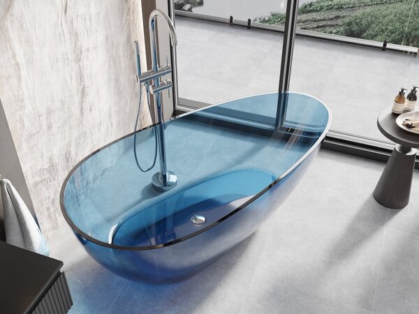 Cadă de baie transparentă independentă Mexen Glass Denim 170 x 85 cm, dop cromat, 58061708507