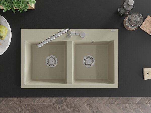 Mexen Hektor, chiuveta granit cu 2 camere 800x480x205 mm, bej, sifon crom, 6521802000-69
