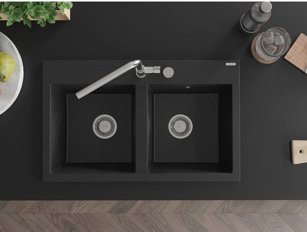 Mexen Hektor, chiuveta granit cu 2 camere 800x480x205 mm, negru-argintiu metalic, sifon crom, 6521802000-73