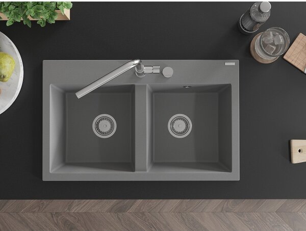 Mexen Hektor, chiuveta granit cu 2 camere 800x480x205 mm, gri, sifon crom, 6521802000-71