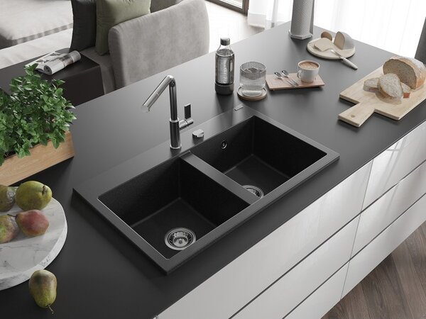 Mexen Hektor, chiuveta granit cu 2 camere 800x480x205 mm, negru-argintiu metalic, sifon crom, 6521802000-73