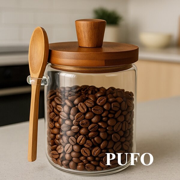 Recipient din sticla borosilicata Pufo pentru depozitare condimente, zahar, cafea, cu capac din lemn si lingura, 500 ml