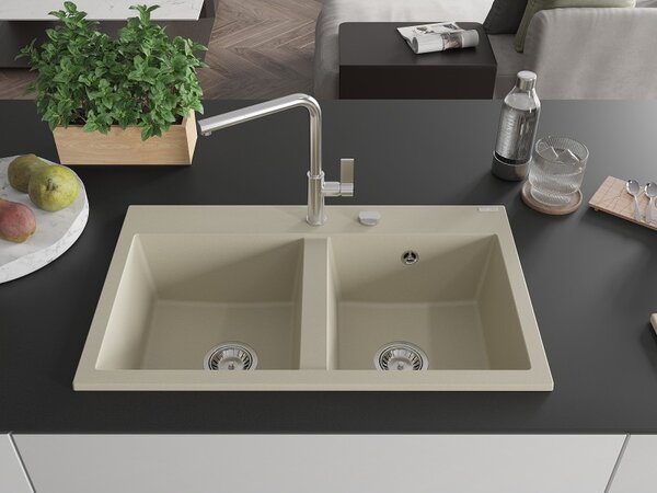 Mexen Hektor, chiuveta granit cu 2 camere 800x480x205 mm, bej, sifon crom, 6521802000-69