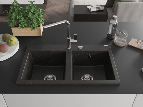 Mexen Hektor, chiuvetă granit cu 2 camere 800x480x205 mm, negru-auriu metalic, sifon crom, 6521802000-75