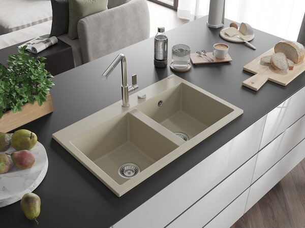 Mexen Hektor, chiuveta granit cu 2 camere 800x480x205 mm, bej, sifon crom, 6521802000-69