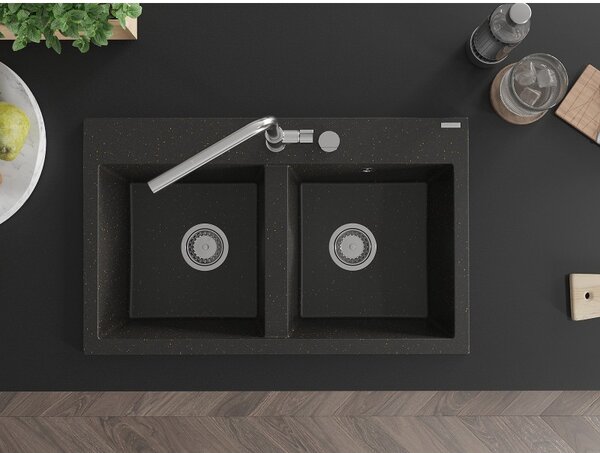 Mexen Hektor, chiuvetă granit cu 2 camere 800x480x205 mm, negru-auriu metalic, sifon crom, 6521802000-75