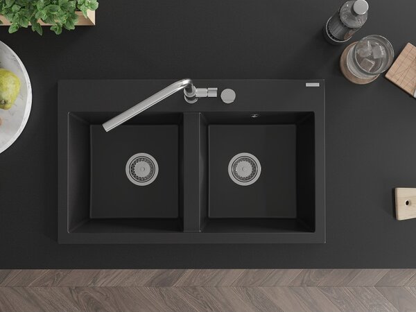Mexen Hektor, chiuveta granit cu 2 camere 800x480x205 mm, negru, sifon cromat, 6521802000-77
